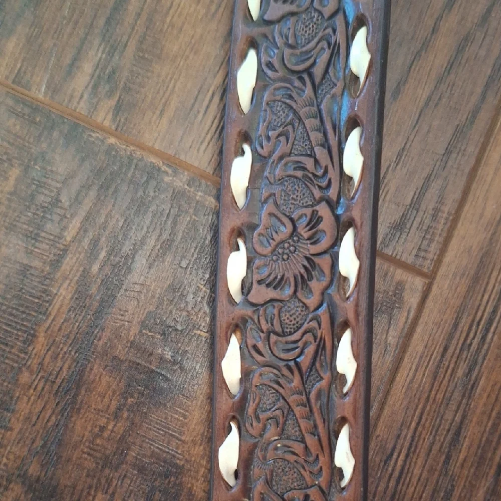 Nocona Brown Leather Floral Embossed Belt with Silver Bull Rider Buckle